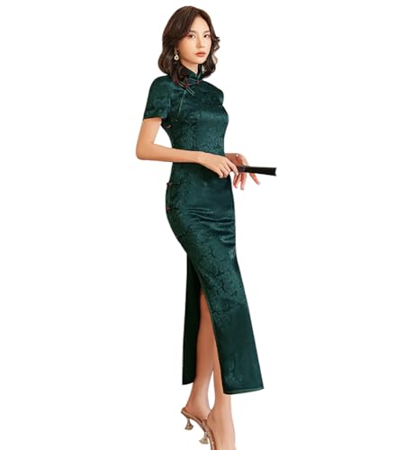 ZNLFS Robes chinoises pour femmes longues Cheongsam col mandarin coupe ajustée manches courtes Bodycon imprimé floral sexy fente latérale Qipao, Vert, 40