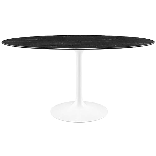 Image of Modway Lippa Oval 60 inch Artificial Marble Mid-Century Modern Dining Table in White Black