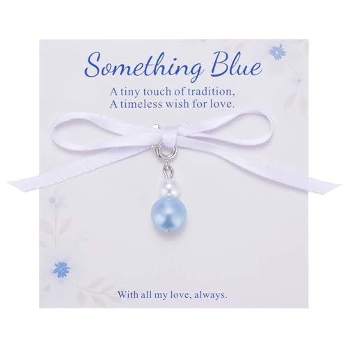 MIXJOY Wedding Day Something Blue Bridal Gift - White Ribbon Blue Pearl Bouquet Garter Charm for Bride to Be Bridal Shower Gifts Elegant Pearl Wedding Accessory Bachelorette Party Gift