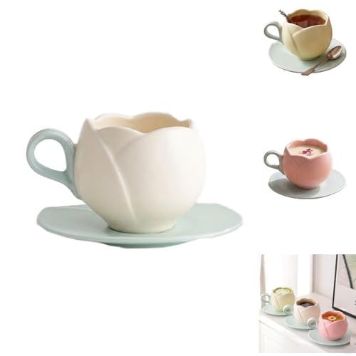 Tulip Coffee Mug With Saucer Set, Comfortable Handle Tulip Flower Cup, Cute Pink Cup for Women with Saucer, for Tea Milk for Hom