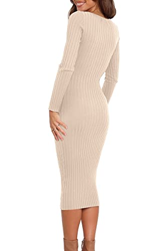 Lillusory Fall Womens Fashion Sweaters Pullover Knee Length Bodycon Dress 2023 Long Sleeve Midi Knit Dresses Apricot #TOP3