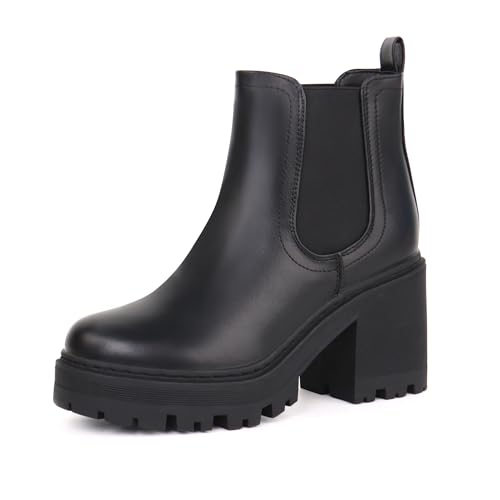 JABASIC Stivali Chelsea per donne con plateau, scarpe classiche con tacco (39,Nero)