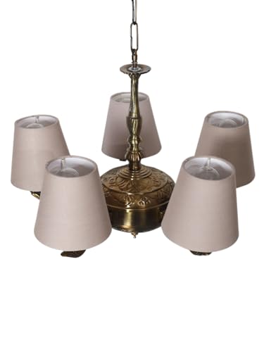 Image of Devansh 05 Lights Grey conical Cotton Shade with Antique Golden Chandelier