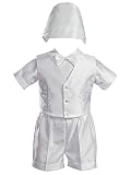 White Embroidered Shantung Chistening Baptism Vest and Short Set with Bowtie and Hat (3T)