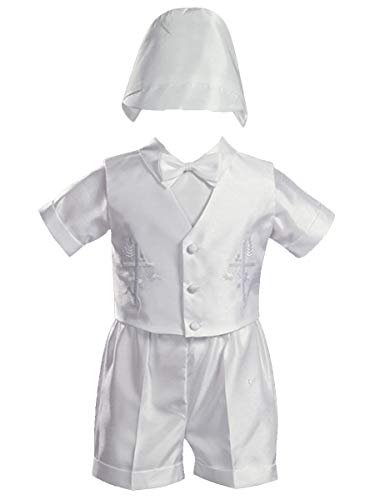 White Embroidered Shantung Chistening Baptism Vest and Short Set with Bowtie and Hat (2T)