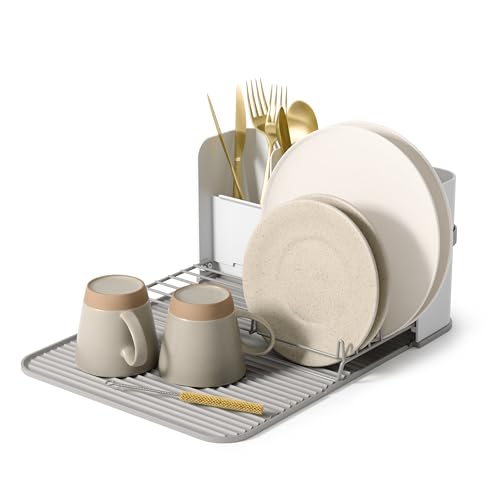 Umbra Compact Expandable Dish Drying Rack for Small Spaces, Utensil and Plate Holder, White/Grey