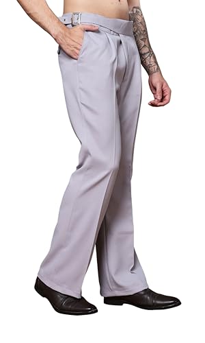 Image of Mens Beige Gurkha Pants with Classic Buckle Closure Premium Casual Bell Bottom Trousers for Men High Waist Pleated Formal & Casual Wear Pant Stylish Retro Flared Bottom Pant
