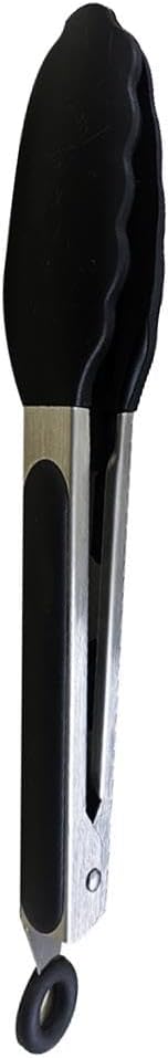 A pair of black and silver silicone-tipped tongs, often used for handling food in an air fryer.