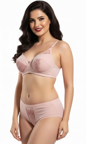 Image of Combo Pack of 2, Premium Women's Cotton Rich Non-Padded Wire-Free Lingerie Sets | Full Coverage Bra & Low Rise Panty with Lace Work | Bra Panty Sets
