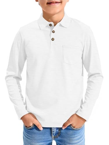 Image of Haloumoning Boys Long Sleeve Polo Shirts Kids Casual Button School Uniform Shirts with Chest Pocket 5-14 Years