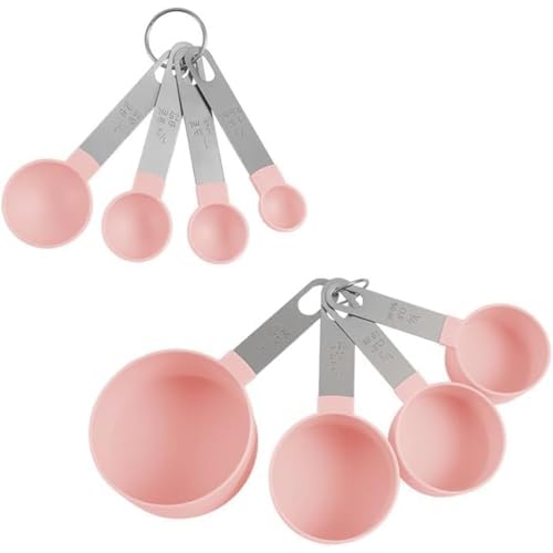 ステンレススチール磁気計量スプーン 8 本セット(一体型・スパイスジャー対応) 両サイド設計 大さじ・小さじセット キッチン計量用具 (ピンク)