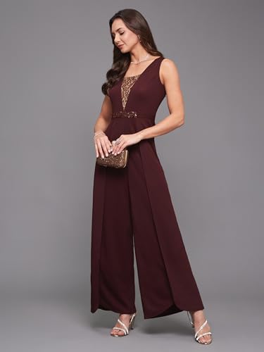 Image of Miss Chase Women's Halter Neck Sleeveless Solid Wide Leg Sequin Paneled Regular Length Jumpsuit