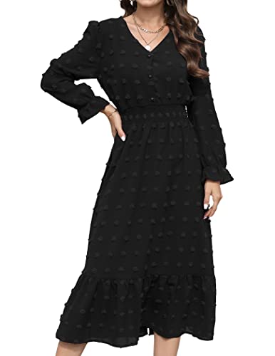 JUOIANTANG Frauen Langarmkleid mit Ärmelbündchen und Knöpfe Faltig Maxikleider für Winter Schwarz L Cover