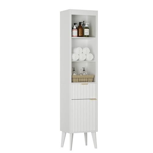 Image of 70-Inch Height Storage Cabinet with Fluted Doors, White Freestanding Modern Accent Floor Organizer for Kitchen, Pantry and Bathroom, w /Drawer & Adjustable Shelves