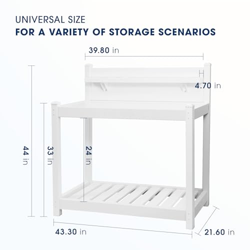 Vinyl PVC Potting Bench, Outdoor Indoor Potting Table, Waterproof Garden Table, Maintenance Free Workstation with Open Shelf, Lower Storage & Removable Tabletop, 44x21.6x43 in