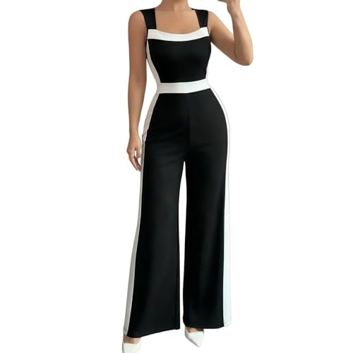 SamHeng Black Work Jumpsuit for Women Black Square Neck Sleeveless Wide Leg Office Jumpsuits Romper Elegant Summer Playsuit One Piece Going Outfits M