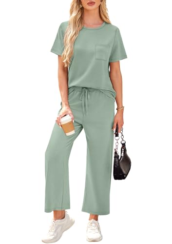 Image of WIHOLL 2 Piece Sets for Women Casual Summer Travel Vacation Outfits Short Sleeve Wide Leg Crop Pants Lounge Sets
