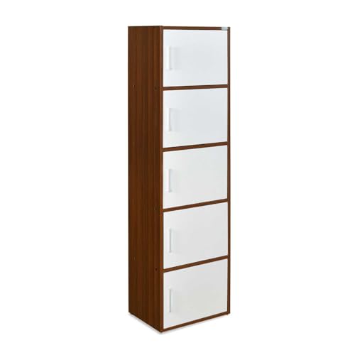 Image of Nilkamal Sear 5 Tier Wooden Storage Cabinet | Free Standing Book Shelf with 3 Doors & 3 Spacious Shelves | Engineered Wood | Organizer for Home & Office | Classic Walnut & White | DIY(Do It Yourself)