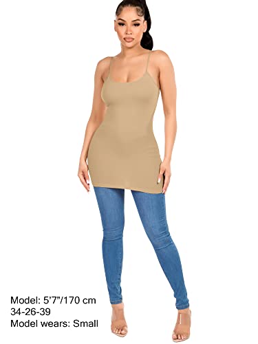 Image of Long Cotton Camisole Tank Tops for Women | Basic Braless Layering Tops with Adjustable Spaghetti Straps