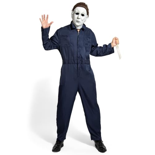 Lyxaof Adults Michael Myers Costume 4pcs Scary Killer Onesie with Knife Mask Scars Halloween Christmas Cosplay Fancy Dress Up for Men Women (Dark Blue 2XL)