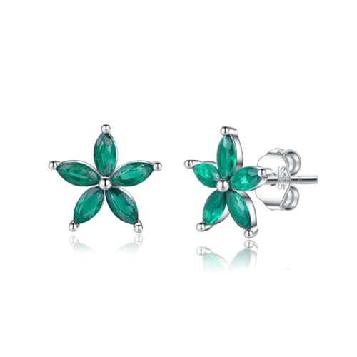 SLUYNZ Solid 925 Sterling Silver Green CZ Flower Earrings Stud for Women Teens Flower Stud Earrings Post