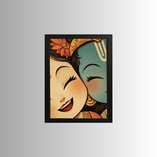 Image of Cute Radha Krishna Smiling Abstract Painting with Frame | 8x6 Inch Spiritual Wall Decor | Modern Hindu Art for Home & Gift