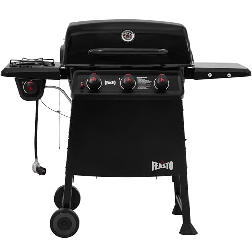 Feasto 3 Burner Propane Gas Grill with Side Burner, Porcelain-Enamel Main Body and Lid, Propane BBQ Grill with 38,000 BTUs Output & Side Table for Patio, Backyard, Poolside Gatherings