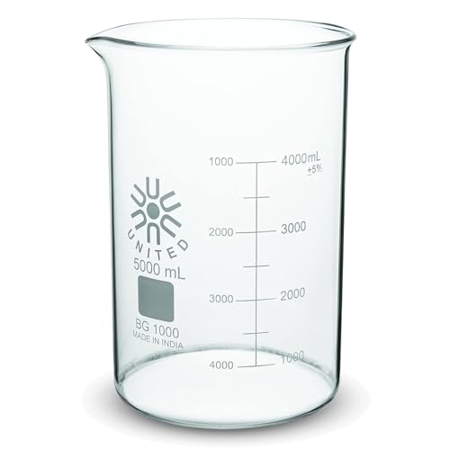 United Scientific™ (5,000mL) 5 Liter Beaker - Low Form Griffin, Double Scale Graduation, 3.3 Borosilicate Glass Beaker with Pour Spout, Beaded Rim and Autoclavable, 1 Each