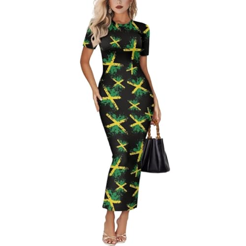 Image of Womens Short Sleeve Jamaican Flag Midi Bodycon Dress | Soft stretchy fabric,crew neck,jamaican print casual date night cocktail party, elegant chic, spring summer fall all season