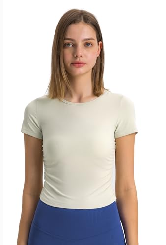 Camisetas esportivas femininas de compressão de manga curta para ioga e gola redonda, Branco, P