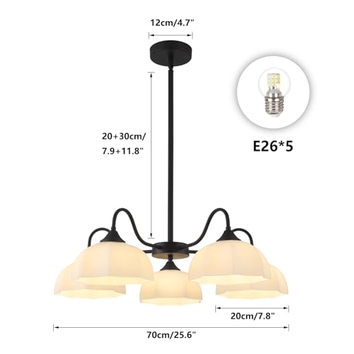 Image of Vintage Black Sputnik Chandelier 5-Light Metal Semi Flush Mount Chandelier Fixture with White Dome Glass Shade Modern Ceiling Pendant Lights for Living Room Bedroom