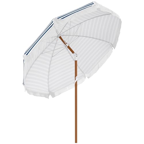 Outsunny 7 x 7 ft Outdoor Patio Umbrella with Tilt, Vent, Market Table Umbrella Parasol with Fringed Ruffles and Flounce, Blue Strip
