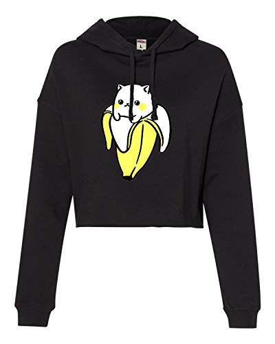 Go All Out Small Black Womens Cat Banana Cropped Hooded Sweatshirt