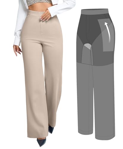 BRXL Dress Pants for Women Work Tummy Control Shapewear Long Wide Leg Winkle Free Business Casual Khaki M