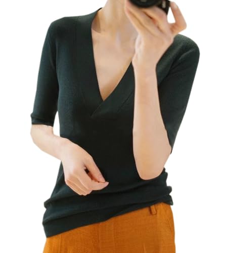 Joe Wenko Women's V-Neck Half Sleeve Slim Fit Pullover Ribbed Knit Sweater Top