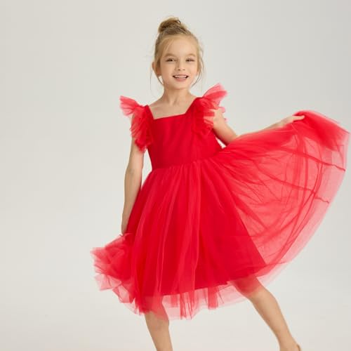 Image of Tutu.kk Toddler Girls Vintage Party Dress Ruffled Sleeve A-Line Tulle Flower Girl Dresses for Wedding,Birthday