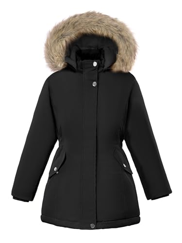 Image of XMWEALTHY Girls Winter Coat Kids Warm Long Puffer Jacket Hooded Down Parka Padded Fleece Snow Outerwear Black 13-14Y