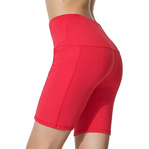 LULUWINGX Women High Waist Compression Cycle Leggings Yoga Biker Running Sports Shorts Squat Proof Tummy Control Workout Pant with Pockets(Large) Red Cover