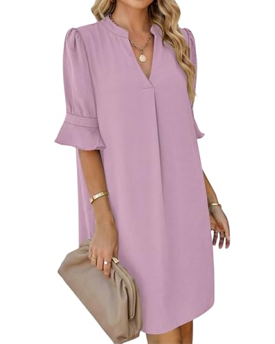 AUSELILY Kleid Damen Kurzarm Sommerkleid V-Ausschnitt Elegant Blusenkleid mit Taschen Casual Kleider Hemdkleid Tshirt Kleid Nebliges Rosa 2XL