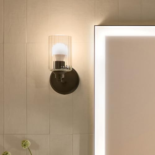 Image of Kichler Gioe 5 inch 1-Light Wall Sconce Bathroom Light Fixture with Clear Fluted Glass in Black, Damp Rated for Powder Room, Kitchen, Hallway, Bedroom (5 inch W x 9.5 inch H), 55224BKFLU