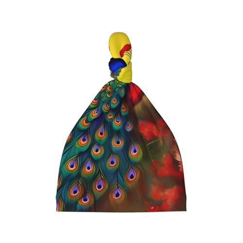 Newborn Baby Hat, Peacock Flowers Print Soft Top Knot Beanie Cap, Cute Baby Headwear for 0-6 Months Black