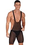 Freebily Men's Deep U Neck See-through Mesh Sheer Short Jumpsuits Wrestling Singlet Underwear Black Medium