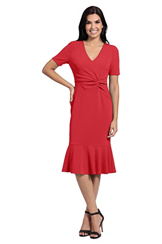 Image of London Times Women's V-Neck Dress - Flounce Hem, Twist Waist, Elegant Office & Event Wear
