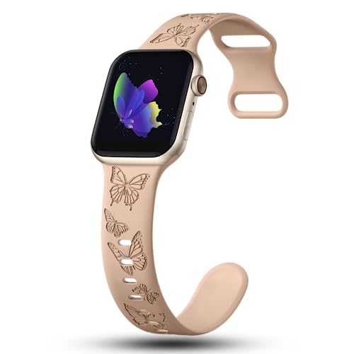Image of Butterfly Engraved Bands Compatible with Apple Watch Band 41mm 40mm 38mm 49mm 46mm 49mm 46mm 45mm 44mm 42mm Women, Silicone Sport Strap for iWatch Series SE 10 9 8 7 6 5 4 3 2 1 SE Ultra