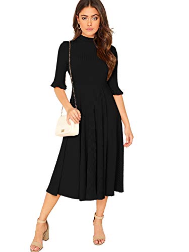 Verdusa CXD07200214615-S Women'S Elegant Ribbed Knit Bell Sleeve Fit And Flare Midi Dress Black S thumb #4
