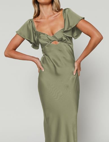 Image of Summer Satin Flutter Sleeve Wedding Guest Dresses for Women Sweetheart Neckline Cutout Tie Back Midi Cocktail Dress