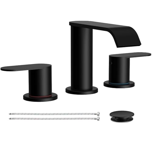 Homevacious Matte Black Waterfall Bathroom Faucet for Sink 3 Hole 8 Inch Widespread Bathroom Sink Faucets with Pop-up Drain Supply Lines Stainless Steel 2-Handle Bathroom Sink Faucet for Bath Vanity