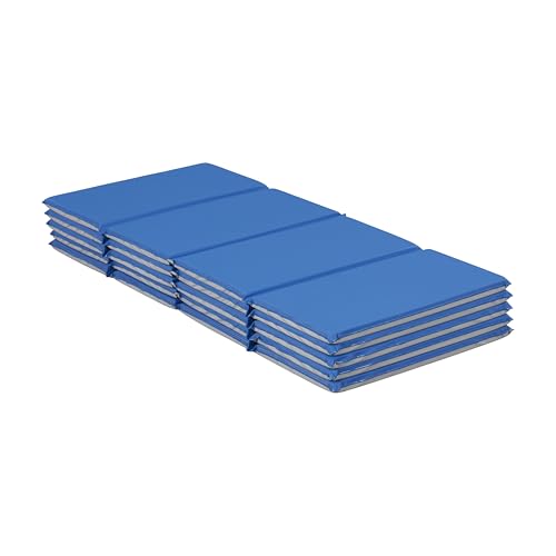 ECR4Kids Everyday Folding Rest Mat, 4-Section, 1in, Sleeping Pad, Blue/Grey, 5-Pack