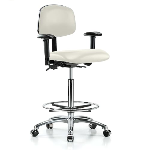 Image of Perch Chrome Multi-Task Office Chair with Adjustable Armrests and Foot Ring | High Bench Height 26.25 inch-36 inch | Off-White Vinyl