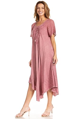 Image of Sakkas Egan Long Embroidered Caftan Dress /Cover Up with Embroidered Cap Sleeves